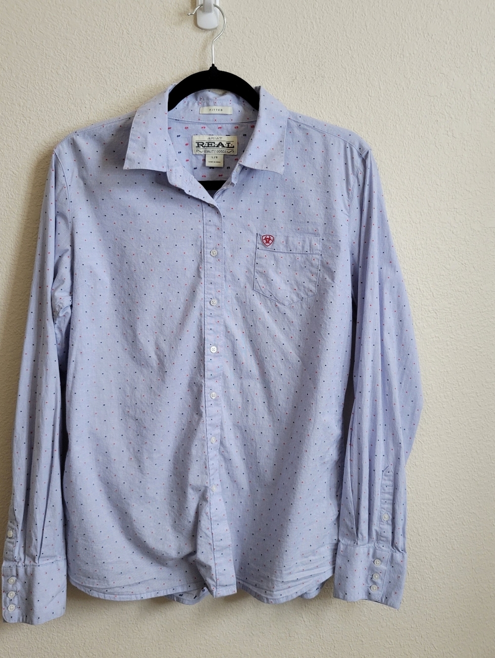 Ariat Blue With Red and Blue Dots Long-Sleeve Button-Up Shirt Ladies Large.